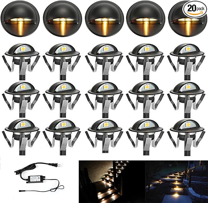 Pack of 20 Warm White Low Voltage LED Deck Lights kit Φ1.38 Outdoor Garden Yard Decoration Lamp Recessed Landscape Pathway Step Stair Warm White LED Lighting, Black