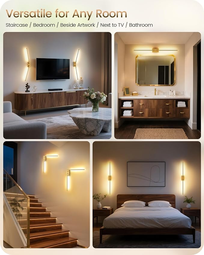 38.6" Wireless Battery Operated Wall Sconces Set of Two,Rechargeable Lamp with Remote, DIY Rotation, 10000mAh Battery, Touch Dimmable Lights for Living Room Hallway Bedroom, Gold D08YBP205