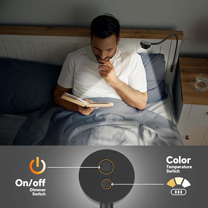 Wall/Headboard Mounted Reading Light, Minimalist Bedside LED Reading Lamp, CRI 95+ Dimmable Book Light, Dual Switches (Brightness & 3 Color Temp), 300° Rotatable Head, USB-C Powered
