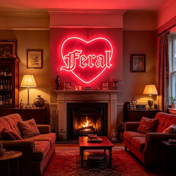 Feral Heart Neon Sign Red LED Neon Light for Wall Decor USB Powered Gothic Neon Sign for Bedroom Bar Party Tattoo Studio Bachelorette Trendy Wall Art Halloween Decoration Goth Lover Gifts