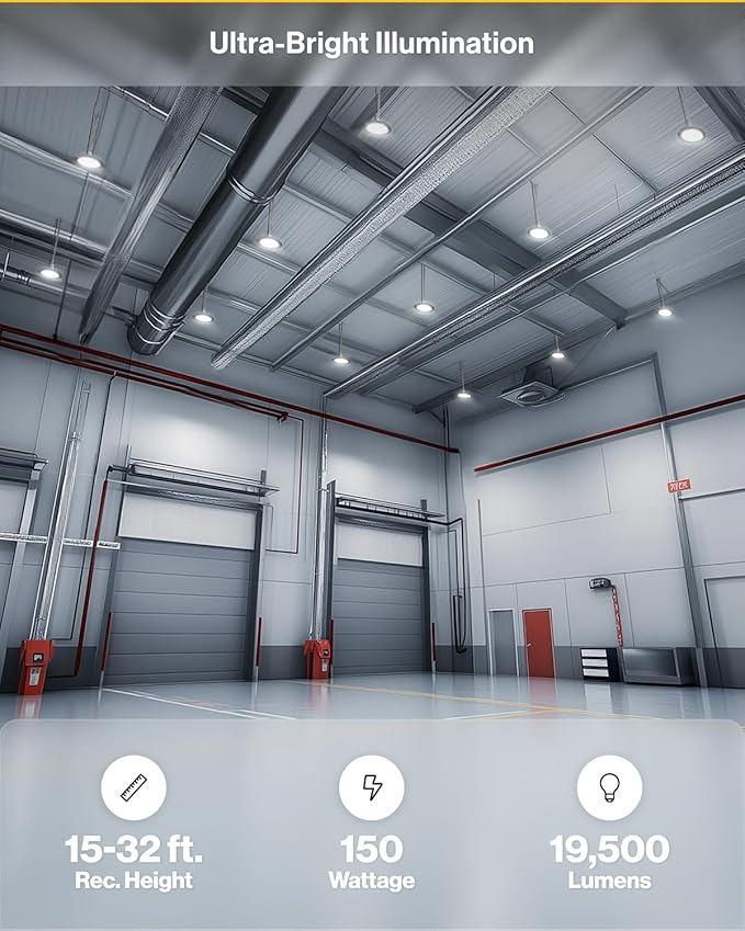 Sunco 10 Pack UFO LED High Bay Light, 150W, 19500 Lumens, 4000k Ultra Bright Commercial Shop Lights for Warehouse, Factory, Workshop, Garage & Barn, Ceiling Mount, Plug & Play, 120V, UL