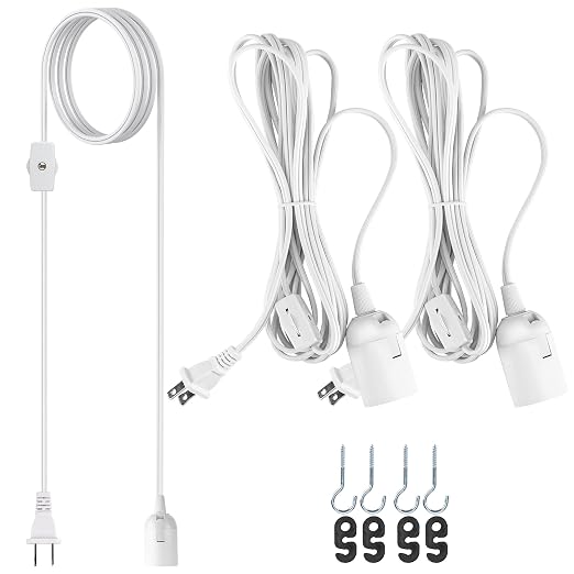JACKYLED Extension Hanging Lantern Cord Cable UL 2-Pack 12Ft 360W with E26 E27 Socket Gear Switch + Hooks + 2-Prong US AC Power Plugs, Extra Lighting for Garage, Closet, Dark Corner, Plants
