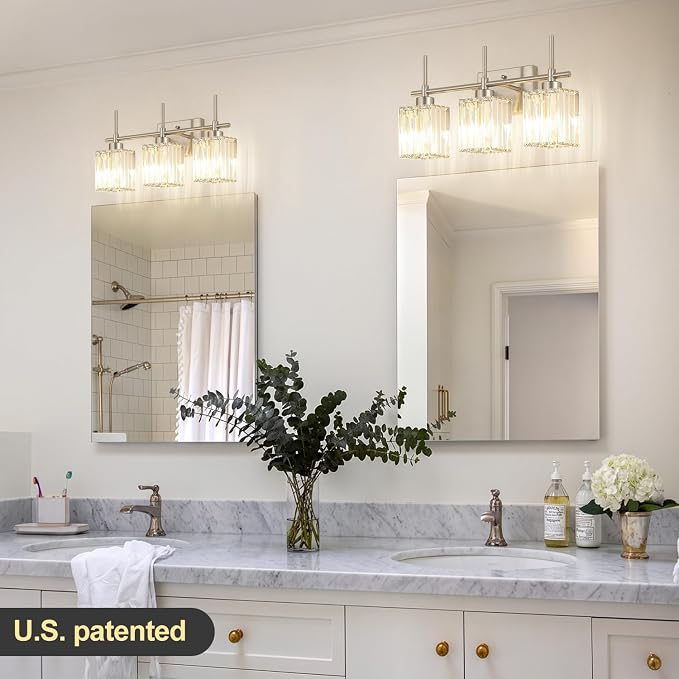 Torondo Modern Crystal Bathroom Vanity Light 3-Light Brushed Nickel Bathroom Light Fixtures Over Mirror Vanity Lighting Fixtures Square Shade Wall Sconce (Bulbs Not Include)
