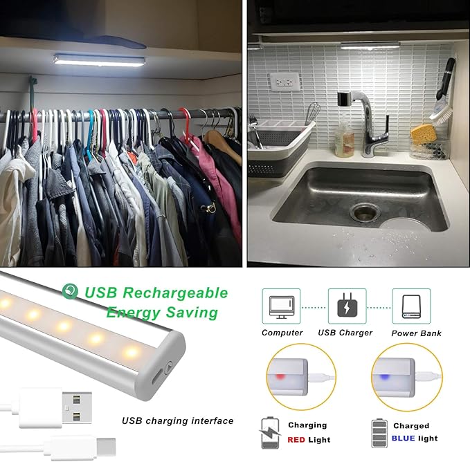 LDOPTO Under Cabinet Lights with Remote, Magnetic Rechargeable Under Counter Closet Lights, Wireless Night Light Bar Stick-On, for Kitchen Wardrobe Cupboard Stairs Bedroom, 2-Pack, Warm White