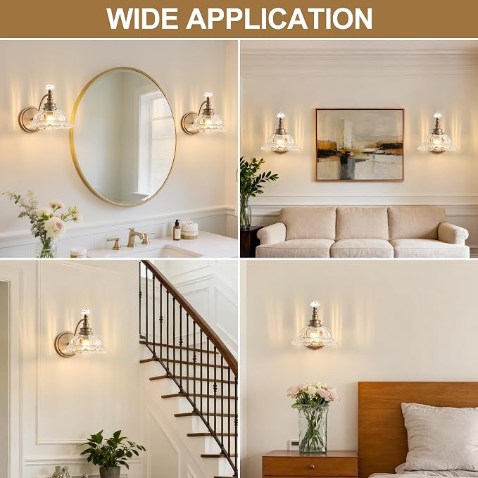 Vintage Bathroom Vanity Light Fixtures, with Floral White Glass Shade, 1-Light Brass Light Fixtures Over Mirror Mid Century Farmhouse Wall Mount Lighting for Bedroom, Living Room, Hallway