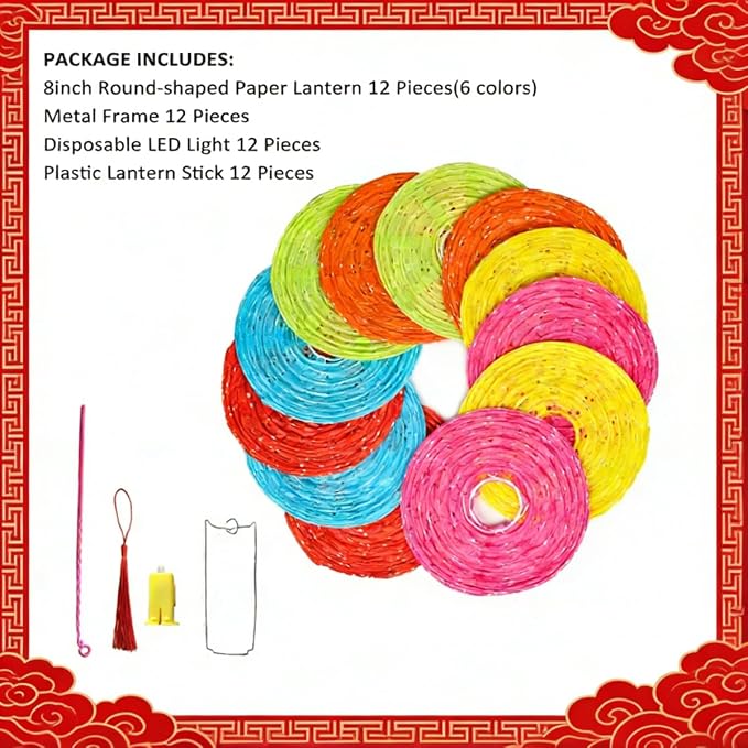 12Pcs Chinese Lunar New Year Decorations 2026 Chinese Paper Lanterns Decorative Japanese Hanging Paper Lantern with LED Lights Tassel Stick 8inch Round for Spring Festival Asian Party Home Decor
