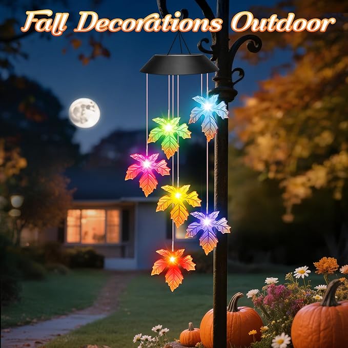 Winzwon Fall Decor Thanksgiving Decorations Solar Lights Wind Chimes | Hanging Maple Leafed Halloween Autumn Decorations, Birthday Gifts for Women, Outside Garden Yard Patio Porch Decor