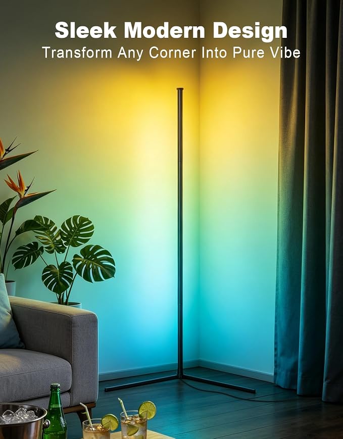 MOMSIV RGB Corner Floor Lamp | 200+ Dynamic Effects, Modern Design, Music Sync, Control By Remote & APP, for Bedroom, Living Room, Office, Gaming Room