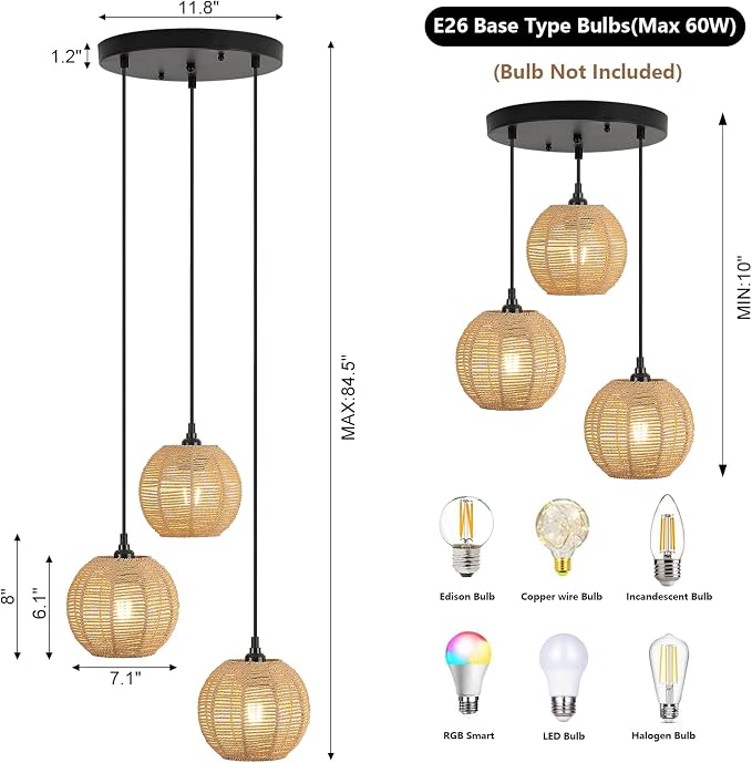 Round 3 Light Boho Pendant Light Rattan Hanging Lamp | Hand Woven Wicker Small Chandelier Hanging Lights Fixture for Bedroom Kitchen Hallway Foyer