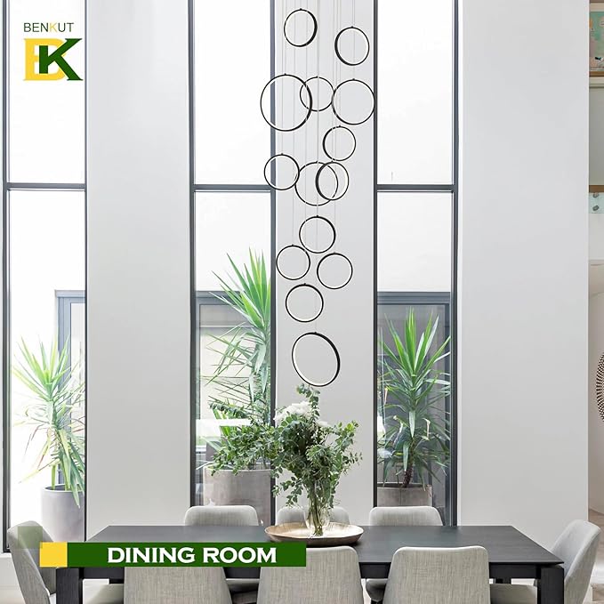 14 Ring High Ceiling Chandelier Foyer, Black Modern LED Large Staircase Long Chandeliers Light Fixture with Remote for Staircase Entryway Living Room Dining Room(118in, 3000K-6500K)