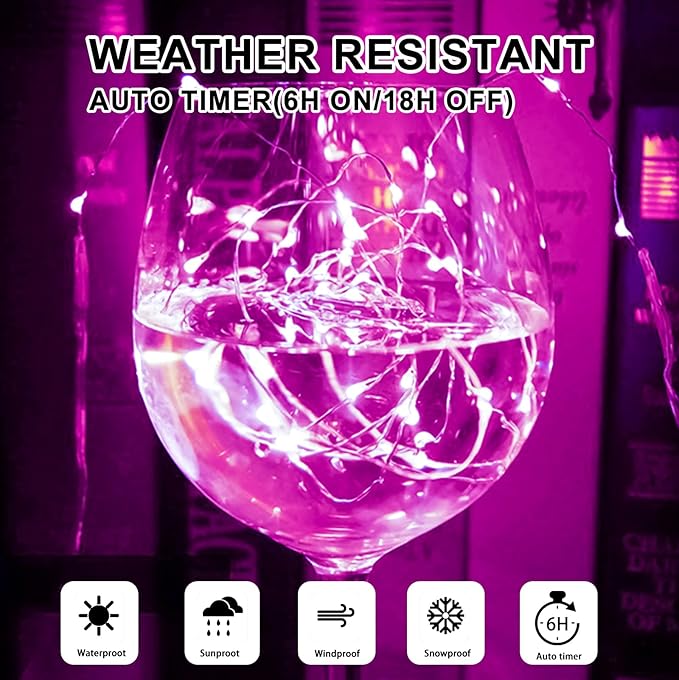 Pink Fairy Lights Battery Operated (Included), 8 Modes & Auto timer, 2 Packs 5m 50Led Mini Twinkle Silver Wire Firefly Starry lights,Waterproof Battery Operated Lights for Tree Bottle Weddings