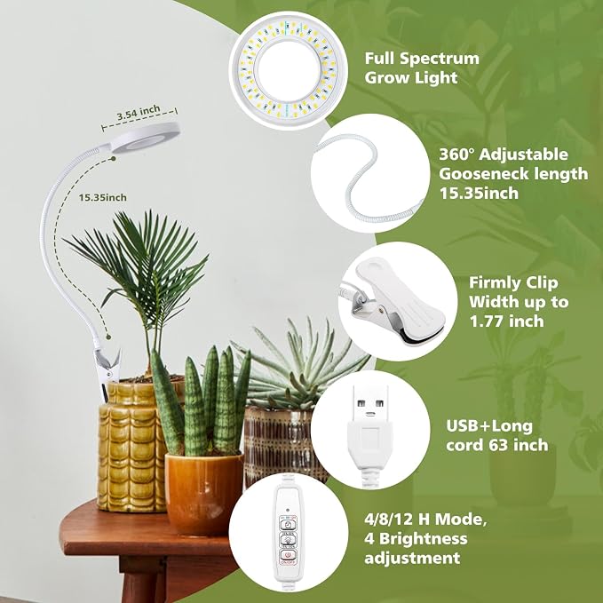LORDEM Grow Light,Full Spectrum Pot Clip LED Plant Growth Light with Auto On/Off Timer 4/8/12H,Plant Lamp with 360°Rotatable Gooseneck, 4 Dimmable Brightness, Ideal for Small Indoor Plants, 1 Pack