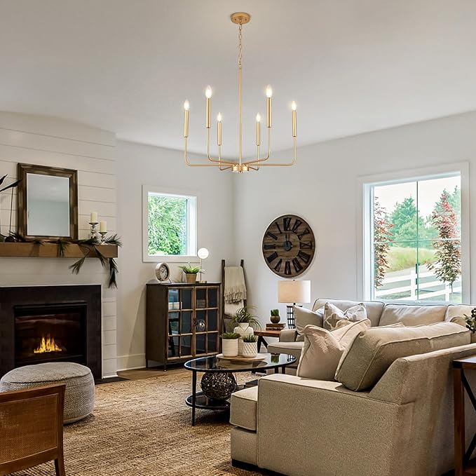 Modern Gold Chandelier for Dining Room,Metal 6-Light Kitchen Light Fixtures,Farmhouse Candle Hanging Pendant Light for Living Room Entryway Foyer Bedroom (Bulb Not Included)