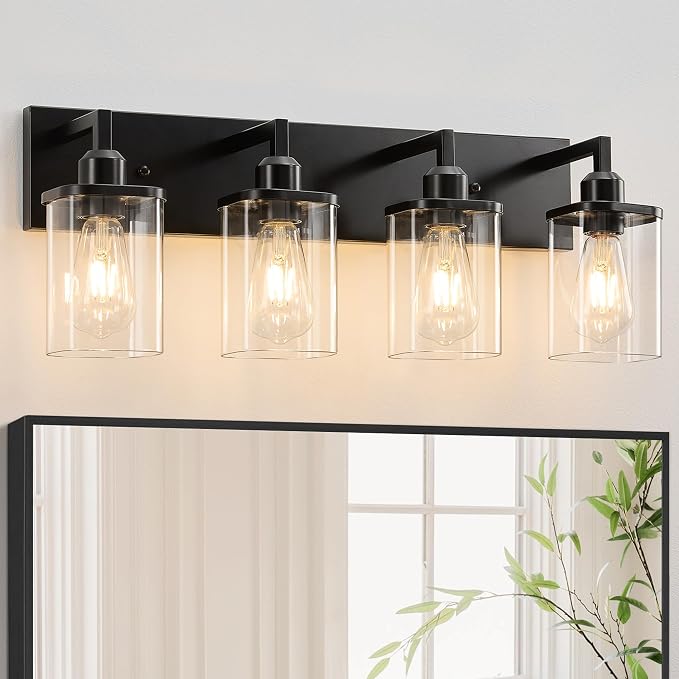 4-Light Bathroom Light Fixtures, Black Bathroom Lighting Fixtures Over Mirror with Clear Glass Square Shade, Modern Vanity Lights for Bathroom, Living Room, Hallway, Cabinet
