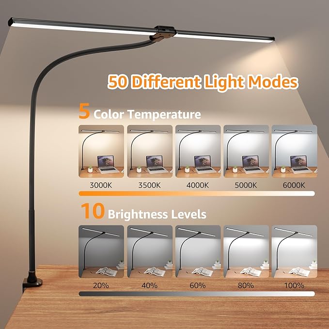 ShineTech LED Desk Lamp, 31.5" Ultra Wide Double Head Architect Light with Clamp, 50 Adjustable Lighting Modes, Eye-Caring Bright Task Lamp for Home Office, Large Monitor, Memory & Auto-Off Timer