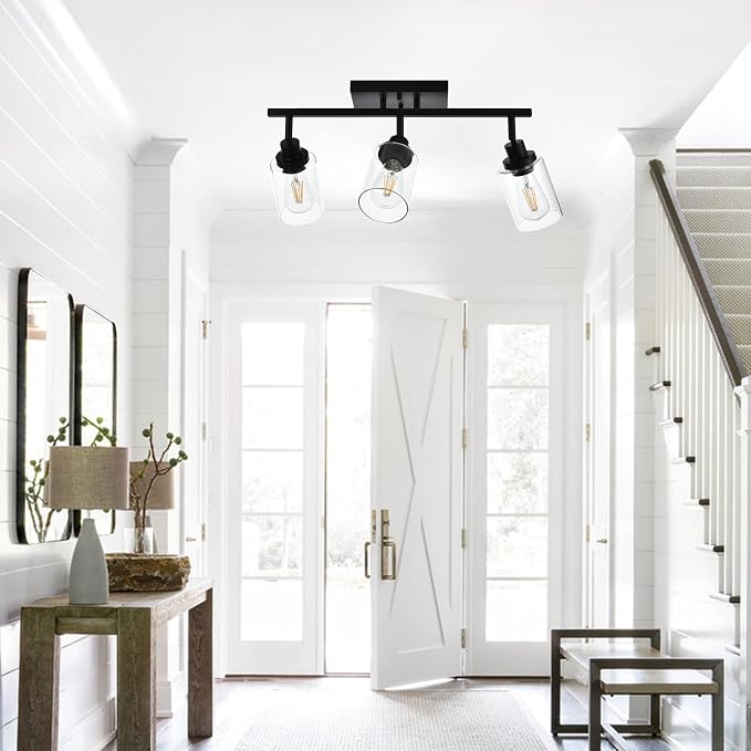MELUCEE 3 Light Bathroom Vanity Light Black with Rotatable Track Head | 20.5 Inch Track Lighting Fixtures Ceiling Vanity Lighting Fixtures for Hallway Porch Foyer Bath Storage, Clear Glass Shade