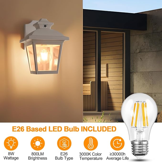 FUDESY Dusk to Dawn Outdoor Wall Lantern, Exterior Porch Light Fixture, E26 | Waterproof Modern White Wall Sconce, Sensor Outside Lighting Wall Mount for Hose,Front Door,Garage,Entryway, 3000K Warm White