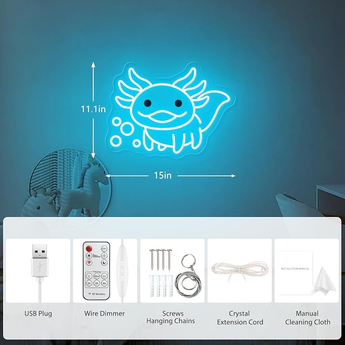 Axolotl Neon Sign for Bedroom Decor, Cute Axolotl LED Night Light | Kawaii Room Decor, Gamer Setup, Kids Bedroom, Game Room, Birthday Party, Cozy Ambience, USB Powered, Premium Finish, Ice Blue