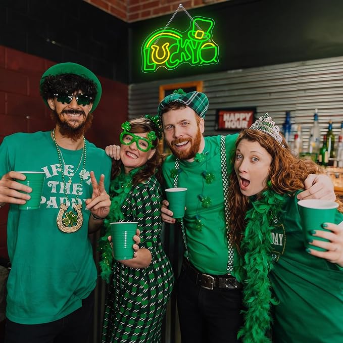 Lucky Clover Neon Sign Green Leaf Light for St. Patrick's Day Decoration | 15.7IN*9.8IN,Five level brightness adjustment,USB power,For Bar,Club,Pub,Party,Restaurant,Bedroom,Home,Family