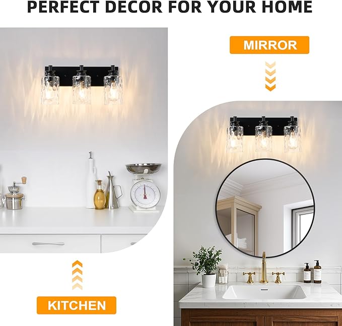 3 Light Bathroom Vanity Light Modern Black Bathroom Light Fixtures Over Mirror with Hammered Glass Lampshade for Kitchen Hallway