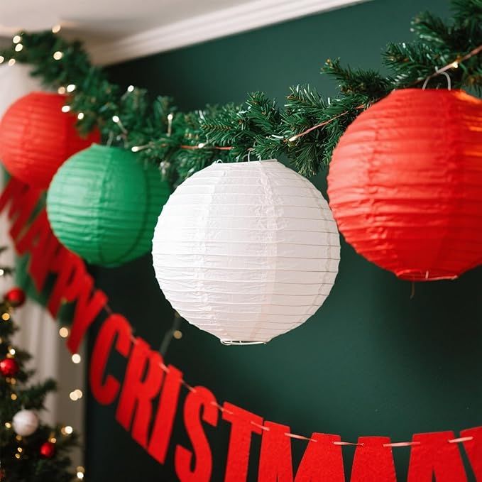 Red -White and Green Paper Lanterns 12Pcs Hanging Lanterns for Christmas Theme, Wedding, Birthday Party, Baby Shower Festive Decoration