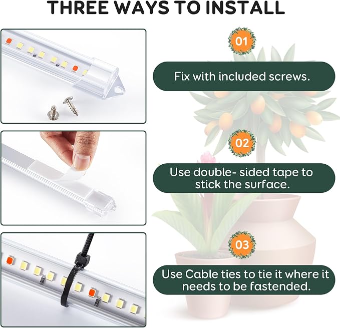 16'' Tri-Bars Grow Light Strips for Indoor Plants with Auto ON/Off Timer 6/12/18H, 5 Dimmable Levels for Shelves Plant Growing(Pack 2)