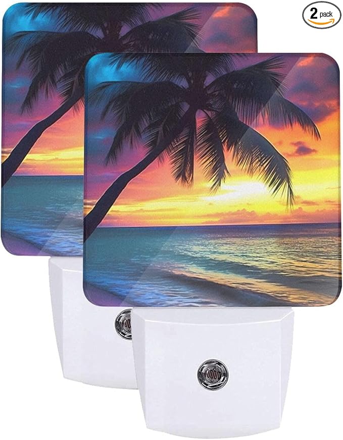 Sunset Beach Night Light Set of 2, Coconut Tree Auto Sensor LED Dusk-to-Dawn Nightlights, Plug-in Sensor Lamp for Bedroom Bathroom Kitchen Hallway Stairs Decorative