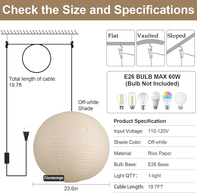 23.6in Paper Lanterns Plug in Hanging Lamp Off-White 19.7FT Cord | Rice Paper Lamp Lantern Pendant Light Large Globe Japanese Japandi Wabi Sabi Chandelier for Dining Living Room Bedroom 2 Pack