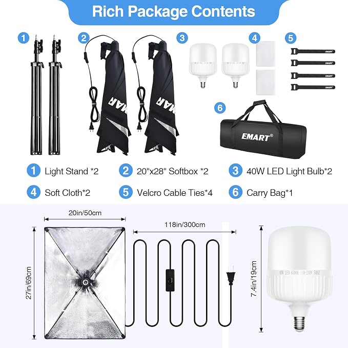 EMART Softbox Photography Lighting Kit, 20"x28" Soft Box for Portrait 2Pack | 6500K E26/E27 LED Bulb, Professional Studio Lights for Photography, Video Recording, Live Streaming, Portraits Shoot, Podcast