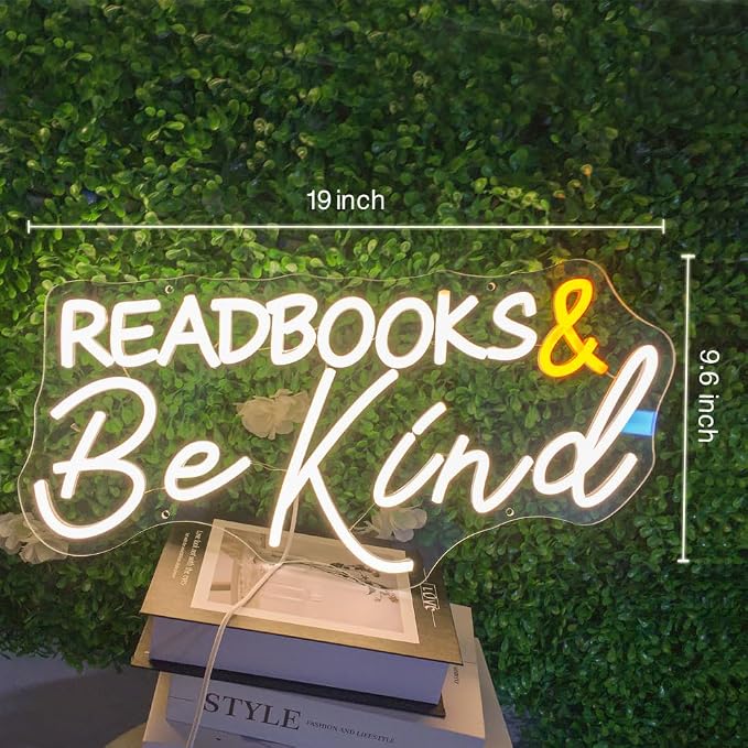 Read Books and Be Kind Neon Sign, LED Neon Light for Classroom Signs | Dimmable USB Powered Letter LED Neon Lights, 19"x9.6" Student LED Neon Light for Bookstore Library Museum Study Room Decor