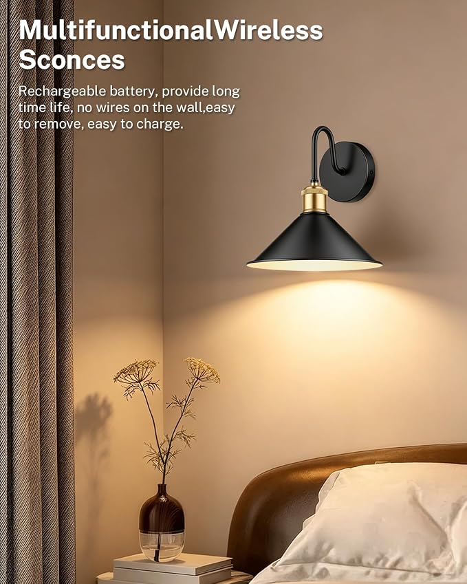 SAIMAND Battery Operated Wall Sconces Set of 2,Wireless Rechargeable Lights | Modern Cordless Wall Sconces with Remote Control, 9-Color Dimmable LED Lamps for Bedrooms, Living Rooms Hallways (9In-Black)