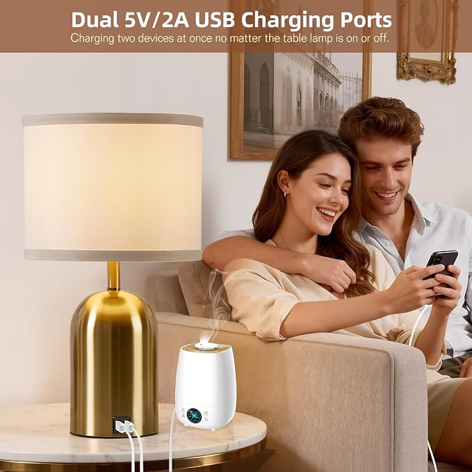 Touch Control Table Lamps Set of 2, Gold Bedside Table Lamps for Bedroom Living Room Office, Modern Dimmable Desk Lamp for Nightstand with 2 USB Charging Ports, 2 Bulbs Included