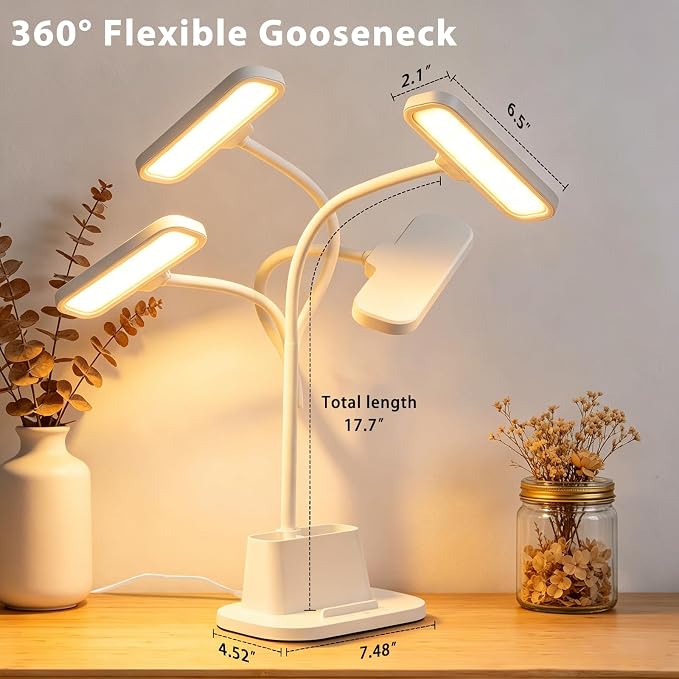 LED Desk Lamp for Dorm Small Desk Lamp with Pen Holder 5 Color Modes White | Dimmable Touch Control, USB Charging Port, Eye-Caring Reading Light for Home Office Table Study College Room Students