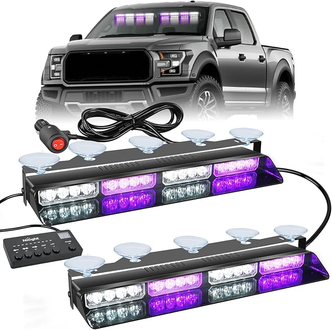 Nilight 32LED Purple White Emergency Dash Strobe Lights with Controller | Suction Cups Warning Hazard Interior Front/Rear Windshield Deck Split Light Bar for Trucks Construction Vehicles