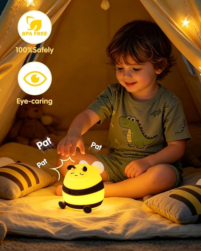 YISUN Bee Silicone LED Night Light, 3 Level Dimmable Kids Room Nursery Lamp | Soft Squishy, Rechargeable Bedside Touch Light, Novelty Animal Lamp for Boys Girls Toddlers