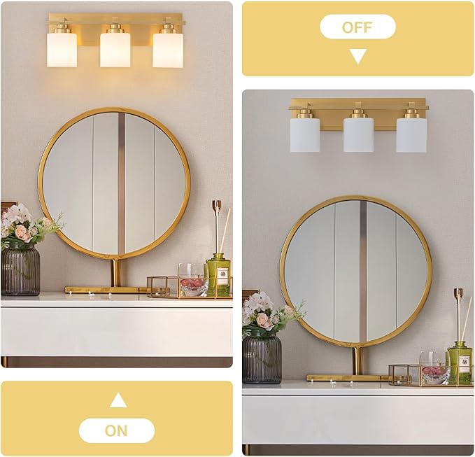 Modern Bathroom Light Fixtures Over Mirror, Vanity Lights for Bathroom Wall Sconces with Milky White Glass Shades, E26 Socket (Bulbs Not Included), 3 Light, Brass