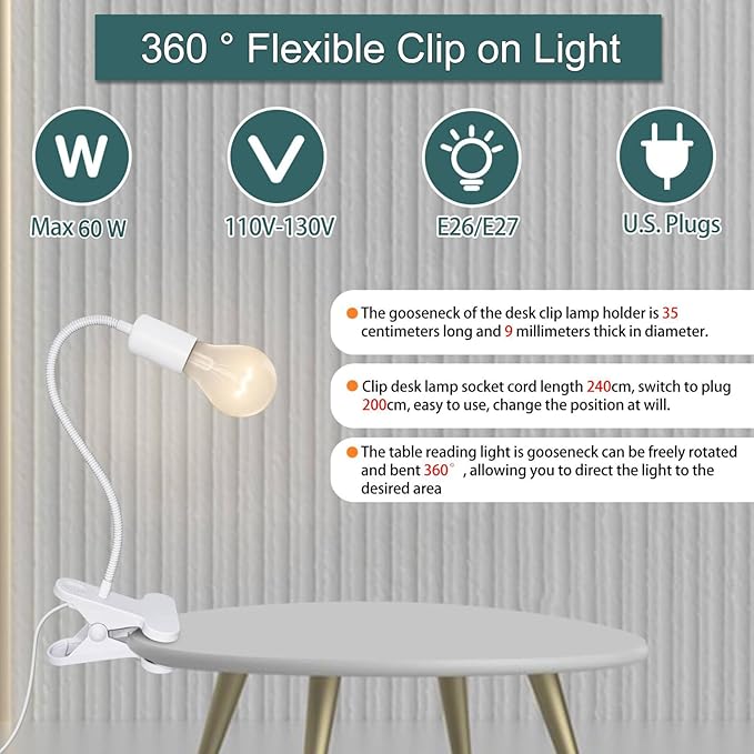 Desk Clip Lamp Holder, 240CM Cord Clip Desk Lamp Socket E26 E27 Clamp Light Socket with 9mm Thick Metal Tube Clip Reading Lamp for Office Clip On Grow Lights for Home Lighting, White(No Bulb)