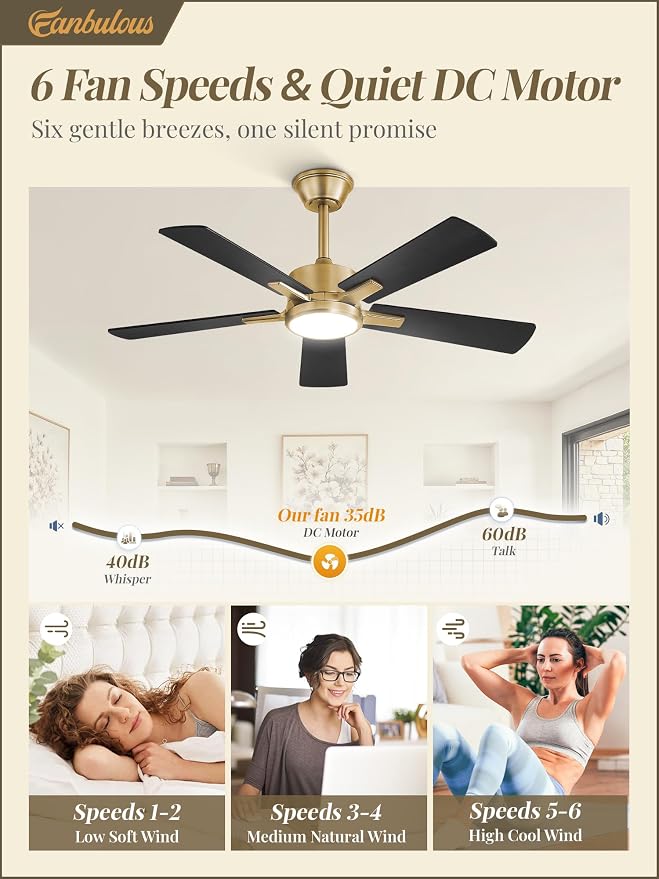 Fanbulous 42 Inch Black and Gold Ceiling Fan with Light, Remote & APP | Stepless CCT & Dimmable Light, 20W LED Ceiling Fan, 6 Speeds, Reversible Quiet DC Motor, for Bedroom, Living Room, Apartment