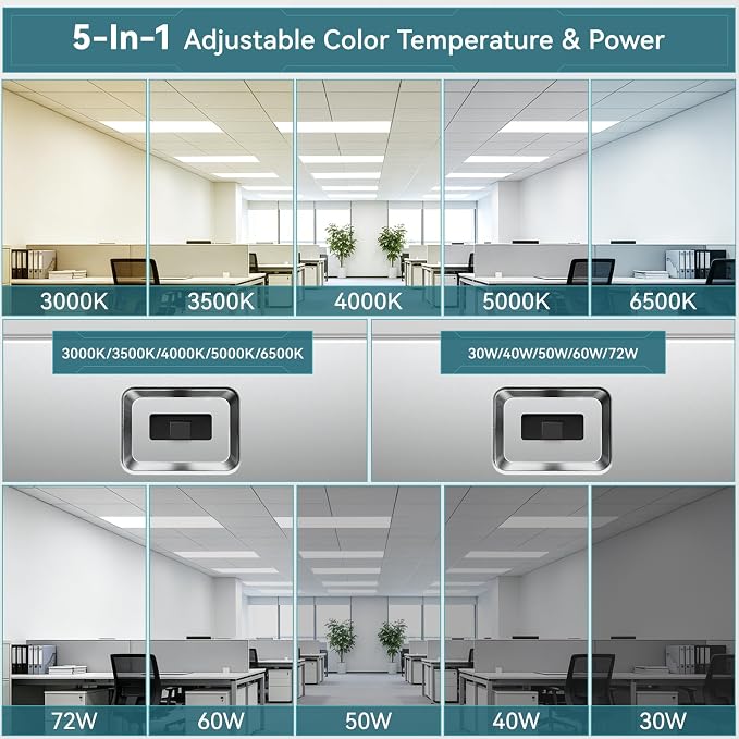 6 Pack 2x4 LED Flat Panel Light, 9630LM, Selectable 30W-72W and 3000K-6500K, Dimmable 0-10V, Drop Ceiling Fixture for Office, School, Store (6Pack)