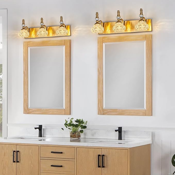 Modern Glass Crystal Vanity Light - Vintage Bathroom Lighting Fixtures Over Mirror, 3 Light Vanity Lights G9 Bulb (19.68 Inch, Gold)