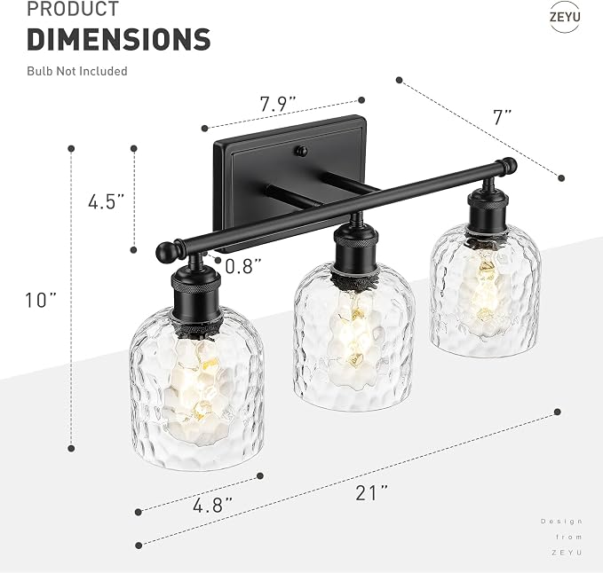 zeyu Bathroom Black Vanity Light, 21'' Black Bathroom Light Fixture 3 Light, Modern Vanity Lamp with Clear Hammered Glass, ZJF63B-3W BK