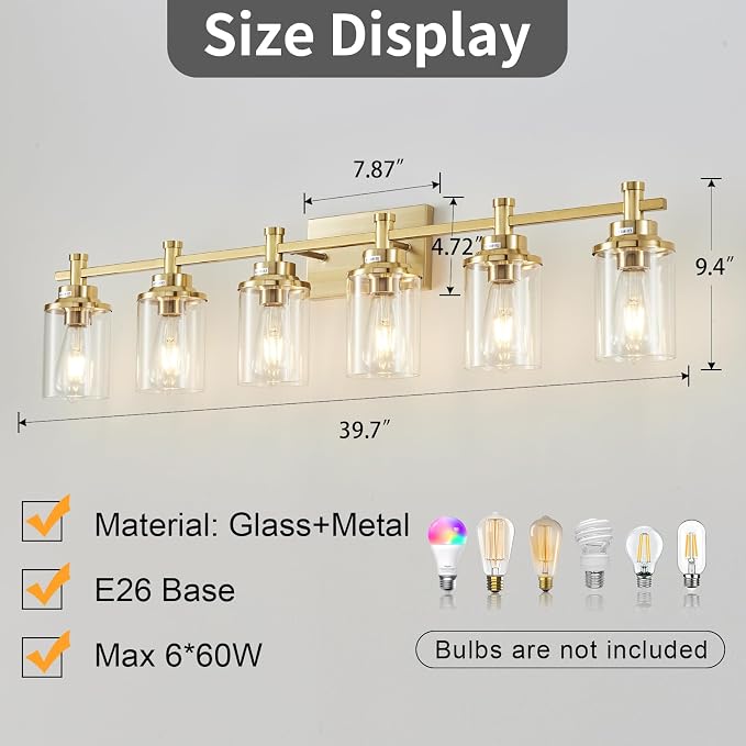 Brushed Brass 6-Light Vanity Light Fixtures with Clear Glass Shades Over Mirror for Bathroom, Living Room, Hallway
