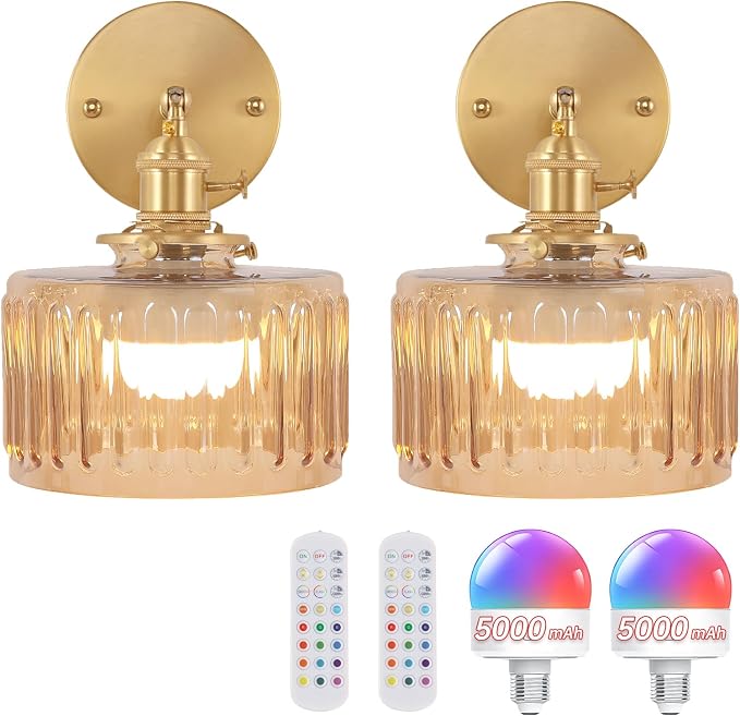 Shenmoyl Vintage Battery Operated Wall Sconce with Amber Striped Glass Lampshade 5000 mAh Rechargeable Battery Powered Wall Light with Remote Control for Bedside Bedroom Doorway, Set of 2