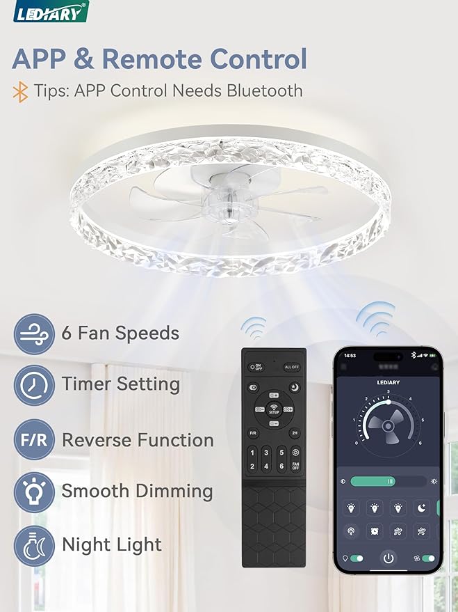 LEDIARY 20" Modern Ceiling Fans with Lights and Remote, White Fandelier | Dimmable Low Profile, Flush Mount Ceiling Fan, Stepless Color Temperature Change, 6 Speeds, Bedroom, Living Room, Kitchen