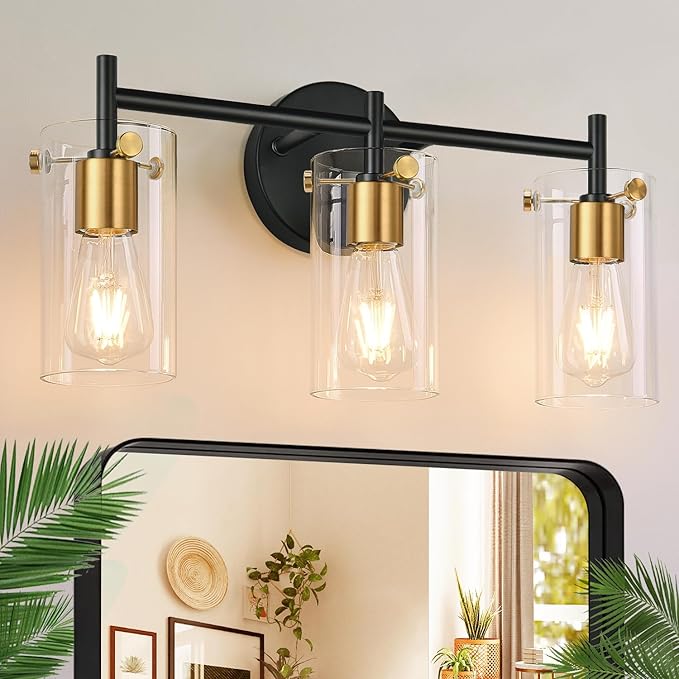 Bathroom Light Fixtures, 3-Light Black and Gold Vanity Light, Black Bathroom Lights Over Mirror with Clear Glass Shade for Mirror Bedroom Living Room