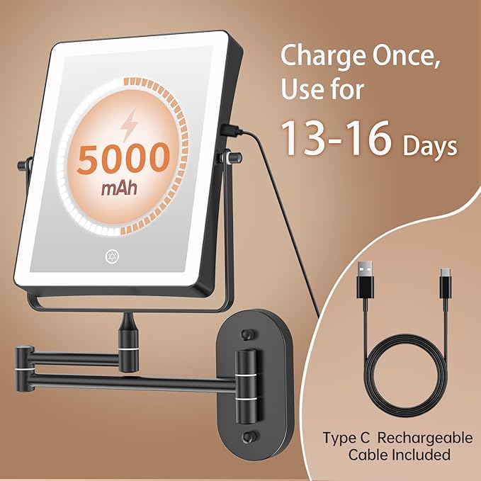 FASCINATE 5000mAh Rechargeable Wall Mounted Makeup Mirror, 8.7" Double Sided Touch Switch 1X 30X Rectangle Magnifying Mirror with Light, 3 Color Setting, Extended Arm 360° Swivel Foldable Black
