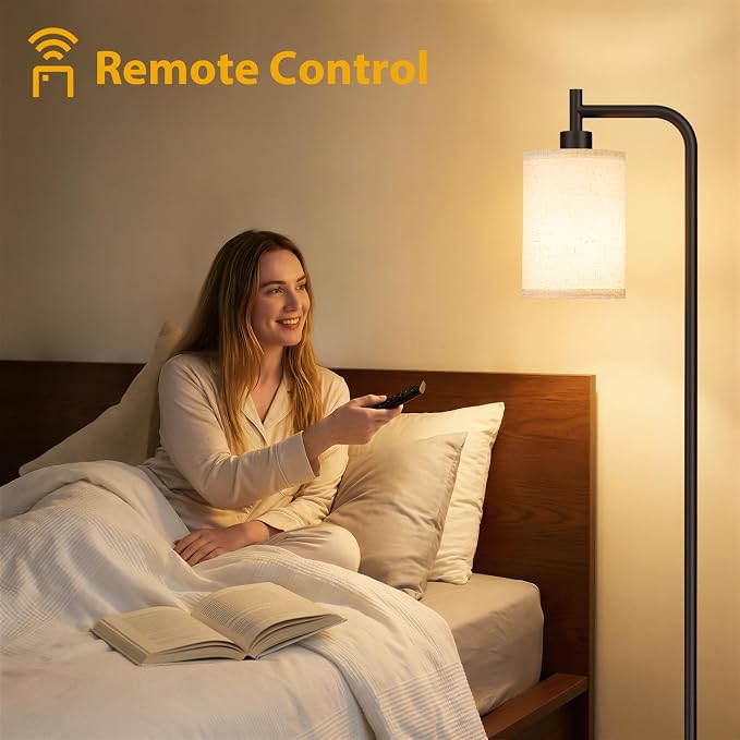 Ziisee 64" Floor Lamp with Remote Control, Dimmable Tall Standing Lamps for Living Room Bedroom Office Corner, 9W LED Bulb Included, Foot Pedal Switch, Beige Shade Black Pole