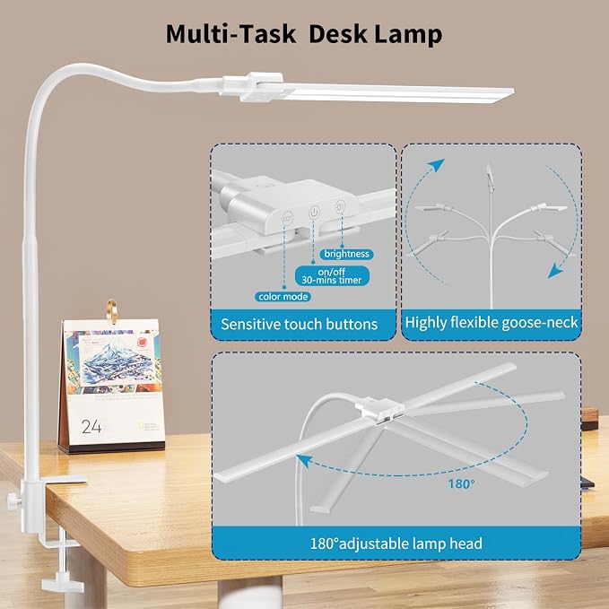 LED Desk Lamp with Clamp, Double Head for Dual Screen, 4 Color Modes,White | Eye-Caring 1200LM Desk Lights for Home Office Monitor Computer Workbench,3000-6000K Dimmanle Table Lamp Memory & 30-Min Timer