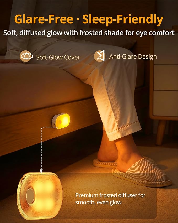 Rechargeable Battery Night Light with Motion Sensor, Portable, Auto-Off, Dimmable for Bathroom, Bedroom, Kitchen, Stairs, Hallway, Pets, Travel, 4-Pack, Amber