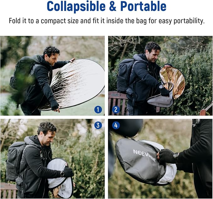 NEEWER 43"/110cm Light Reflector Kit, 5 in 1 Collapsible Round Reflector (Translucent/Silver/Gold/White/Black), Metal Clamp and 21"-43”/53-110cm Short Stand for Low Angle Studio Photography | Foldable, Translucent/Silver/Gold/White/Black, Metal Clamp, ...